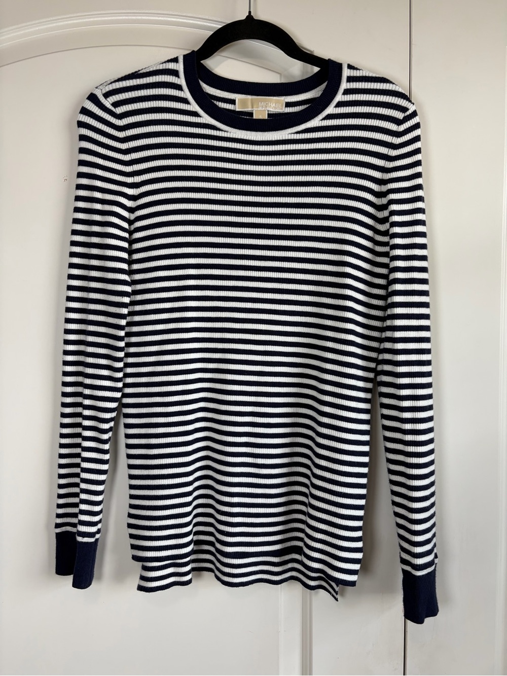 Michael Kors Ribbed Navy and White Striped Crewneck Sweater